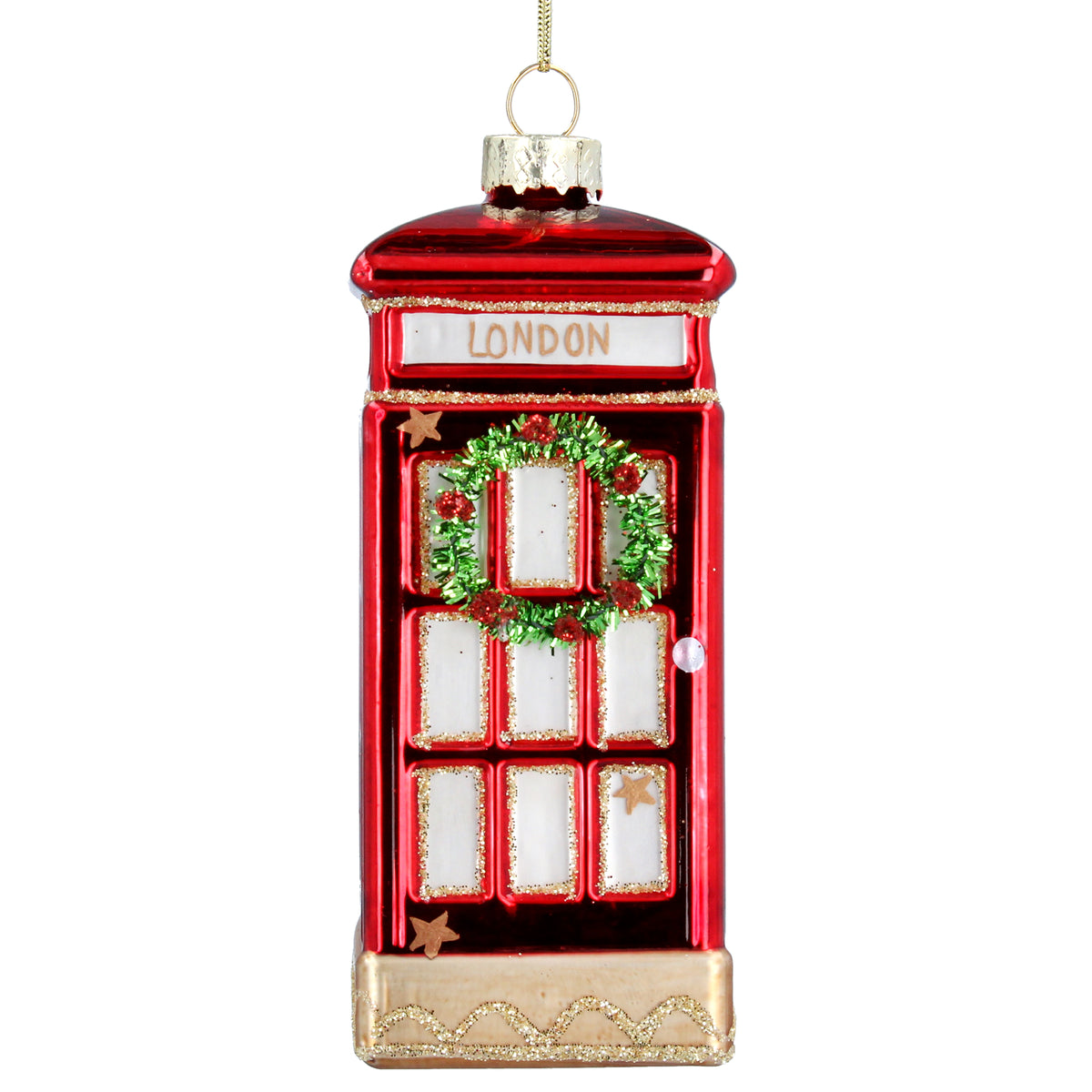 London Phone Box with Wreath Glass Decoration