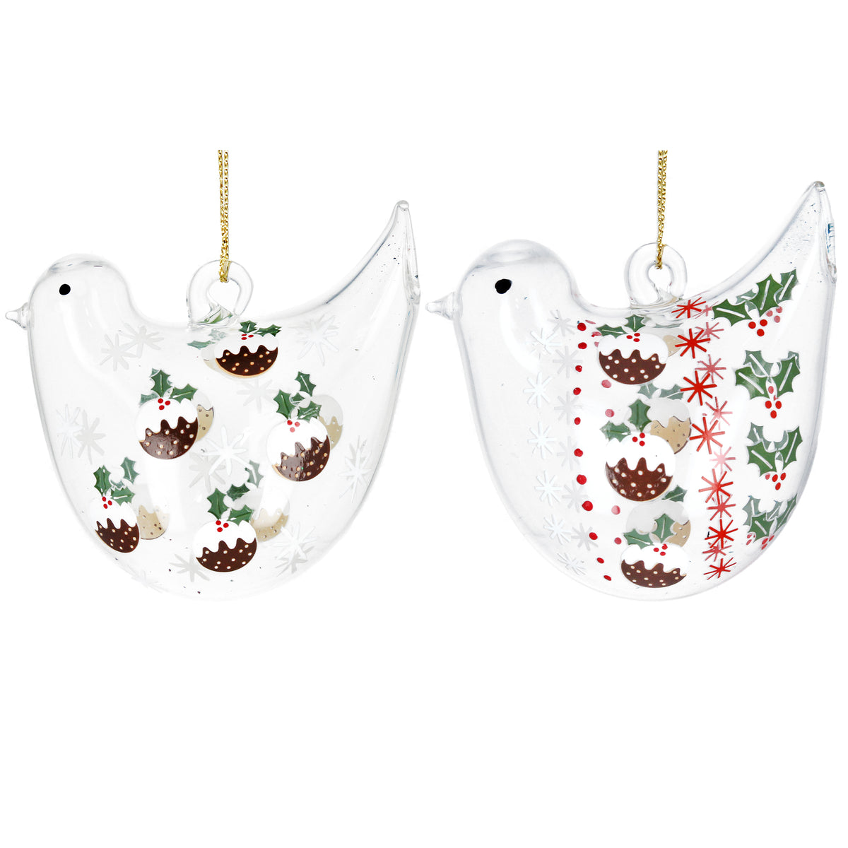 Clear Glass Bird with Christmas Puddings