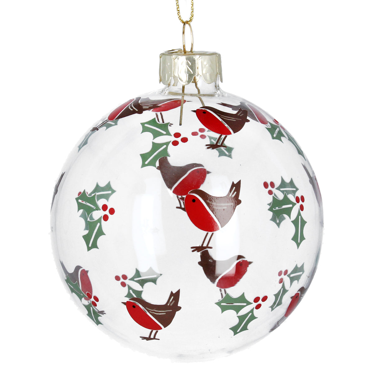 Clear Glass Bauble with Robins/Holly 8cm