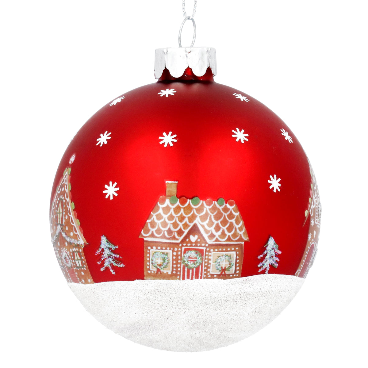 Matte Red Glass Bauble with Gingerbread House