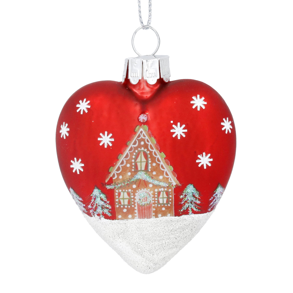 Matte Red Glass Heart with Gingerbread House