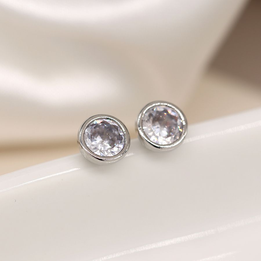 Crystal Silver Plated Round Stud Earrings