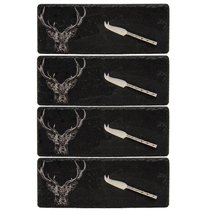 4 Mini Slate Cheese Board & Knives - Stag