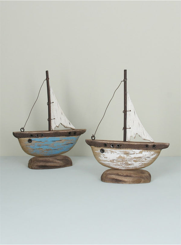 Rustic Wood Blue Sail Boat Ornament Small