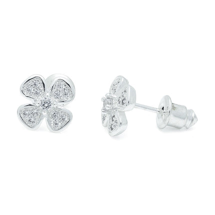 4 Leaf Clover CZ Silver Stud Earrings