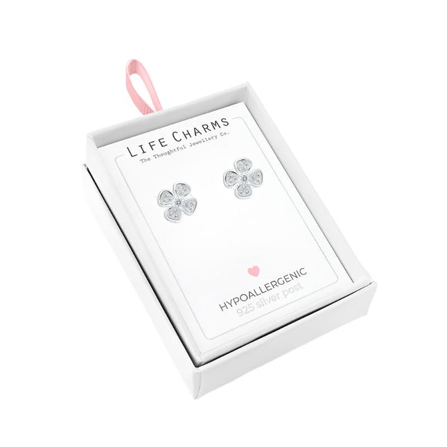 4 Leaf Clover CZ Silver Stud Earrings