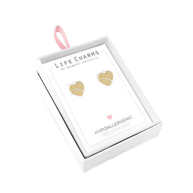 Flat crystal gold heart stud earrings