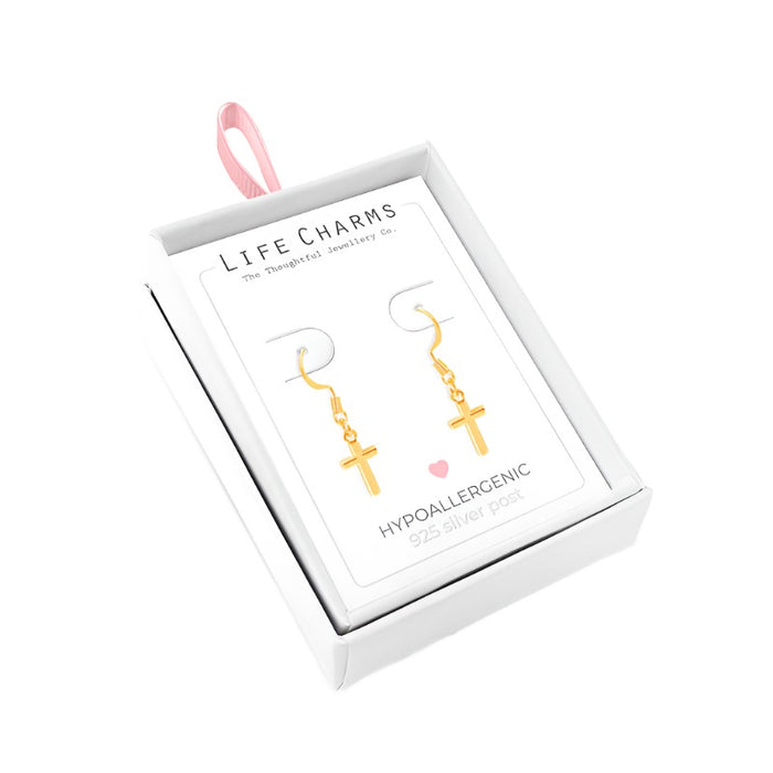 Gold cross drop earrings