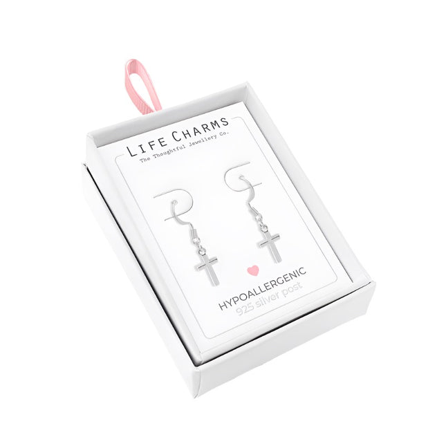 Silver Cross Drop Earrings