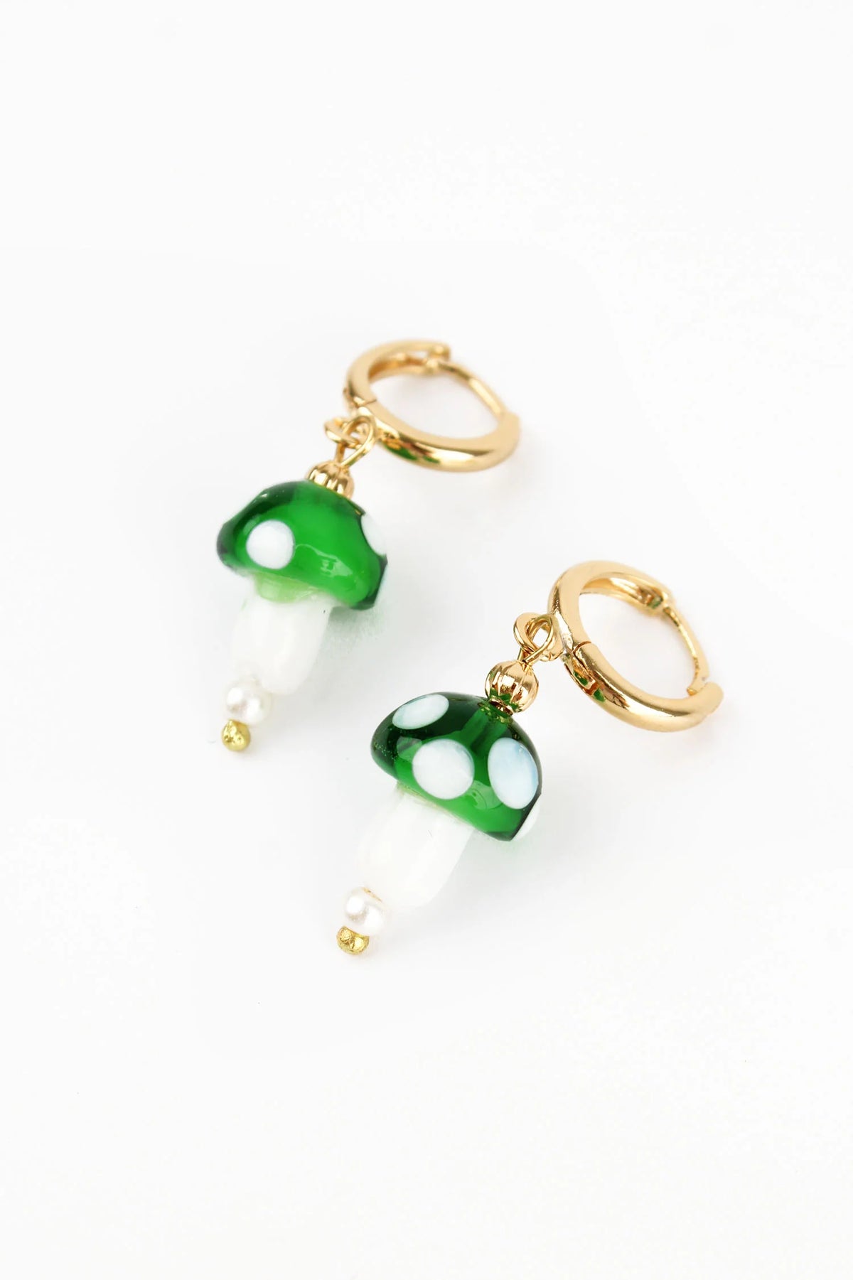 Green Glass Mushroom Huggie Hoops