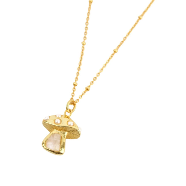 Gold Necklace featuring a Moonstone and Pearl Mushroom Charm