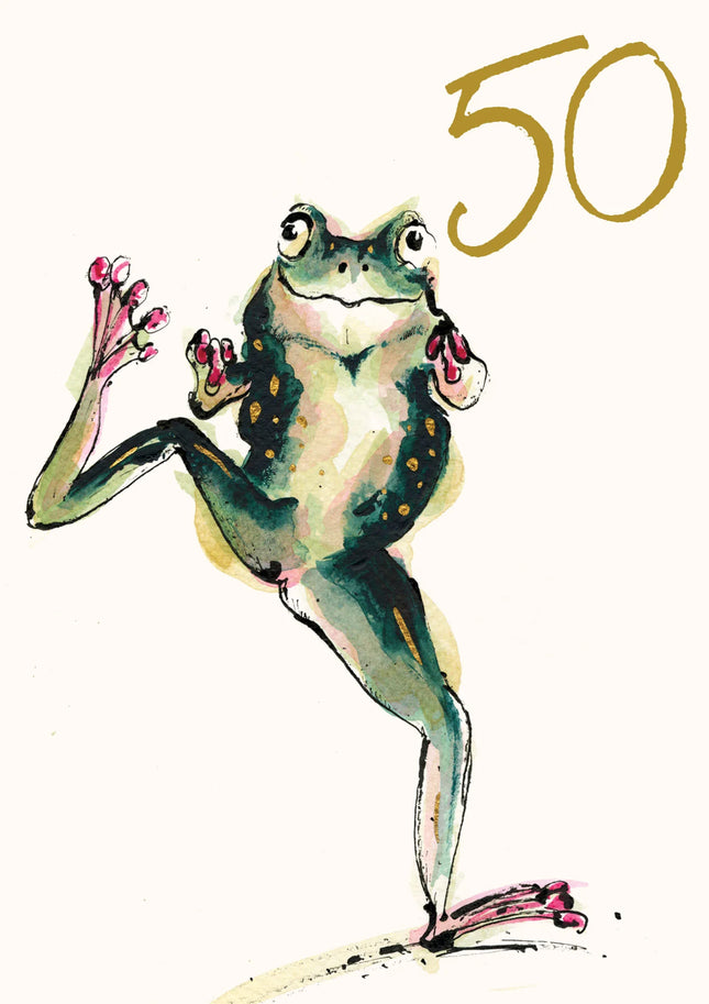 Age 50 Dancing Frog Gold Foil Birthday Card