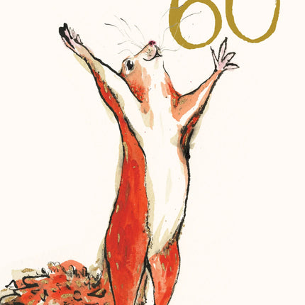 Age 60 Dancing Red Squirrel Gold Foil Birthday Card