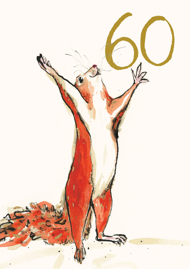 Age 60 Dancing Red Squirrel Gold Foil Birthday Card