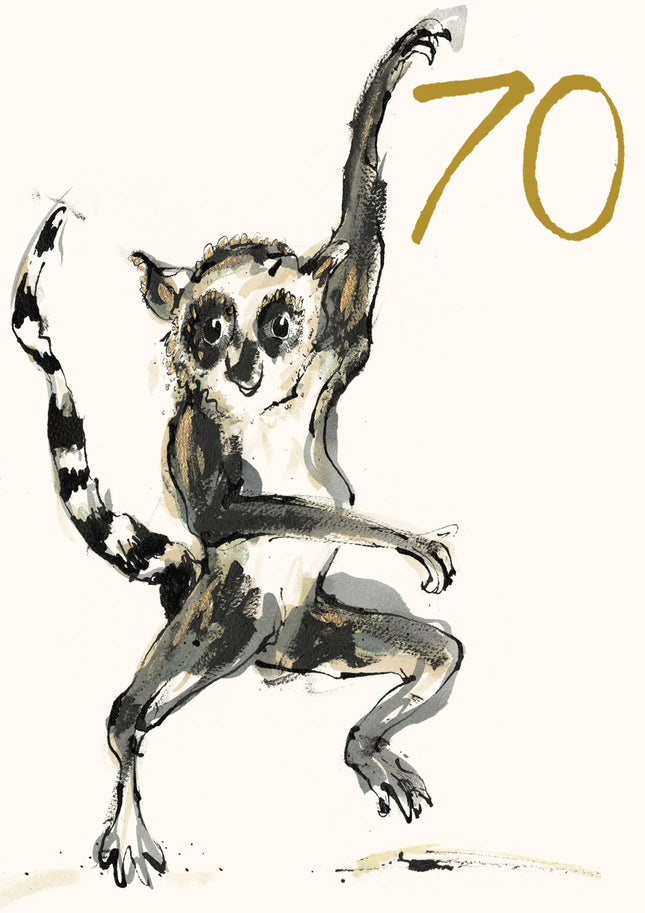 Age 70 Dancing lemur Gold Foil Birthday Card