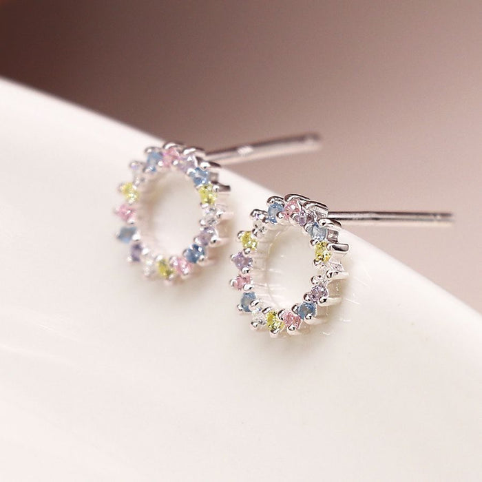 Pastel Rainbow Crystal Sterling Silver Circle Earrings