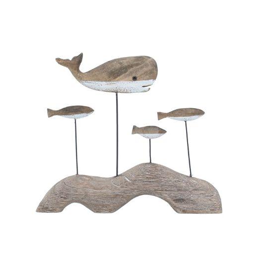 Rustic Wood Whale and Fish on Plinth Ornament