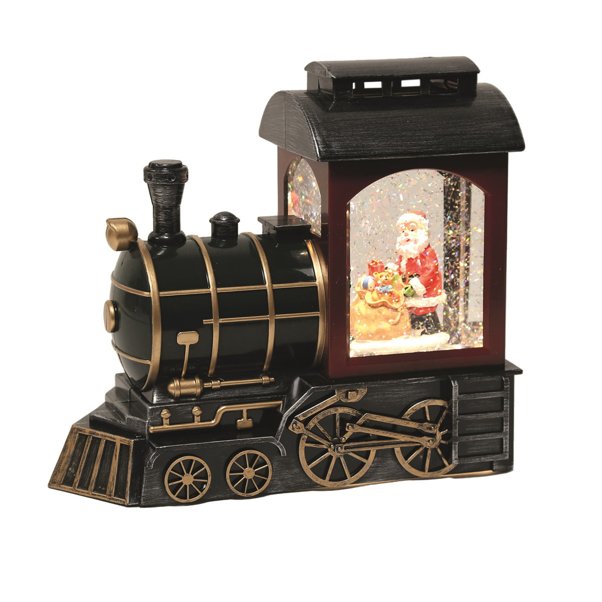 LED Glitter Water Spinner Santa Train Brushed Gold, Red, and Green