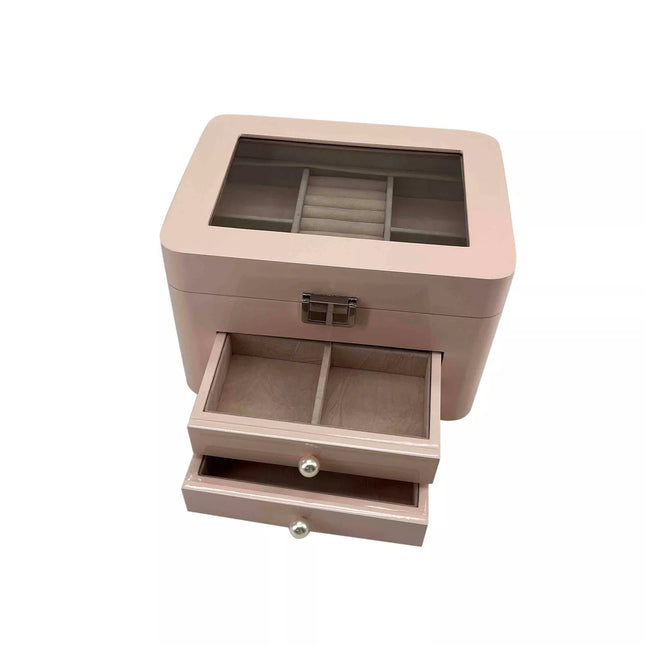 Pink Wooden Jewellery Box With Compartments and 2 Drawers